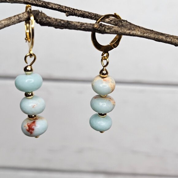 Hand Made Blue Snake Skin Jasper Gold Dangle Earrings - Picture 3 of 4